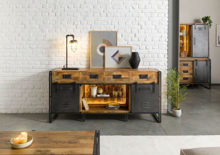 Sideboard Mango / Altholz 195x45x90 natur / grau lackiert / Metall grau BLACKBURN LUX #409