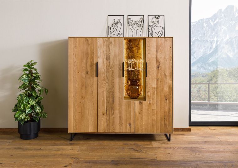 Highboard Wildeiche mit Holztür 142x43x145 natur geölt LINDAU #17