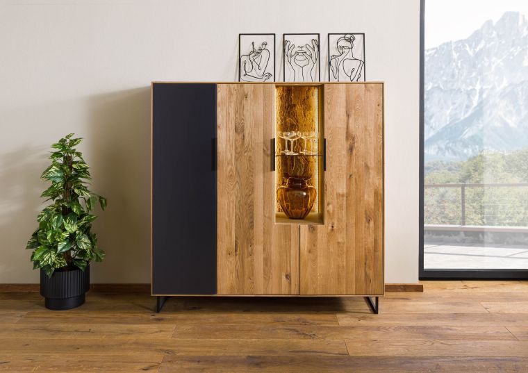 Highboard Wildeiche mit Glastür 142x43x145 natur geölt LINDAU #117